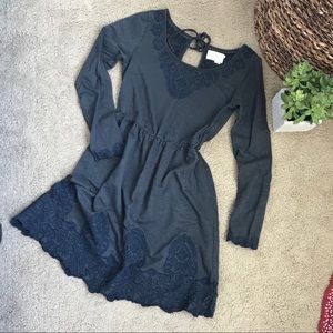 Anthropologie Grey & Navy Embroidered Fit n Flare